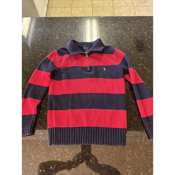 Polo Ralph Lauren Boys Sz 8-10 Small Sweater Half Zip Red Navy Stripe Preppy - Picture 1 of 6
